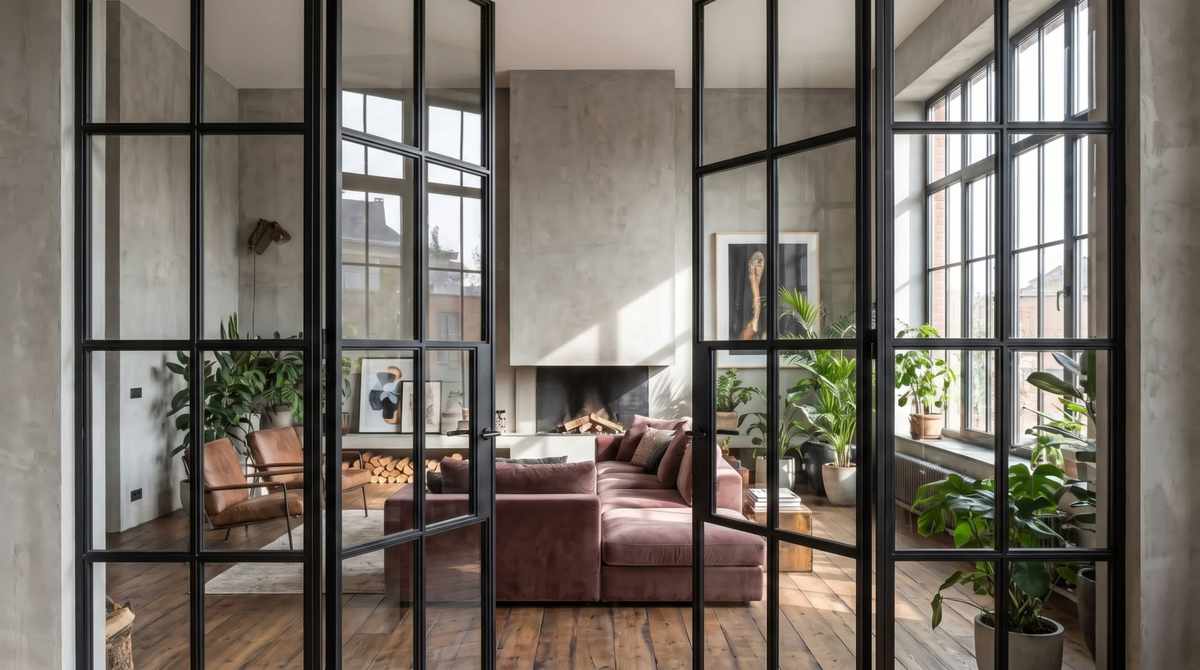 Kamerafahrt durch eine Glas-Trennwand in Loft-Optik in ein Wohnzimmer mit Kamin