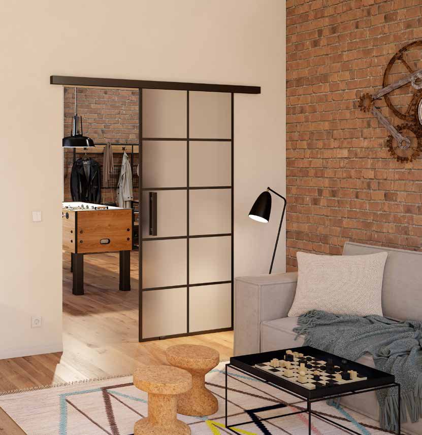 Slimwork 180 Schiebetür mit Sprossen vor Backsteinwand